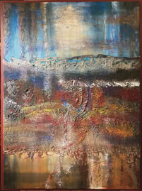 Zwischen Himmel  und Erde Acryl auf Leinwand  und Kakaosack. B80xH120 2020