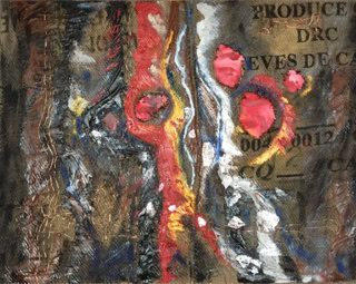 Gier Collage / Kupfer /  Acryl auf Kakaosack B120xH80  Privatbesitz Böhmer    2018